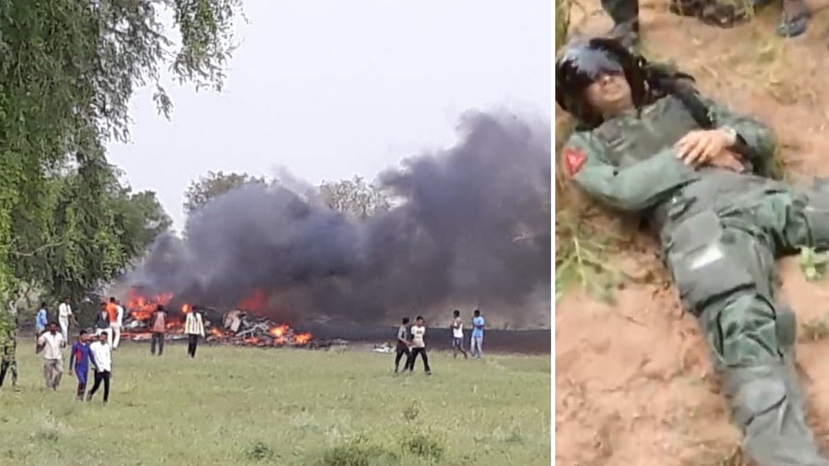 A MiG-27 fighter jet of the Indian Air Force crashed in Jodhpur’s Banad area during a routine mission on Tuesday, 4 September. The pilot (right) ejected to safety.