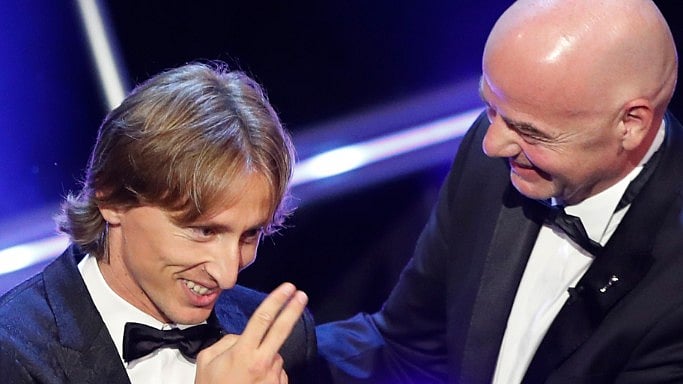 Luka Modric with FIFA President Gianni Infantino, who gave him the Best FIFA Awards in London on Monday. 