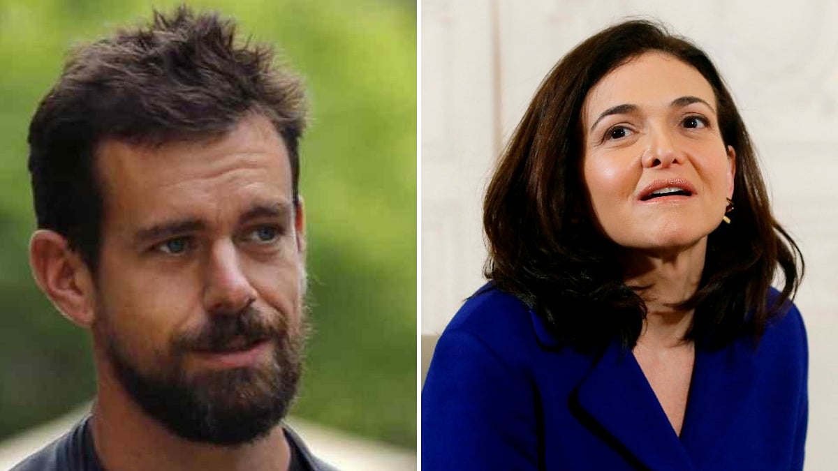 Twitter CEO Jack Dorsey (left) and Facebook Chief Operating Officer (COO) Sheryl Sandberg (right) answer questions from the US Senate Intelligence Committee.