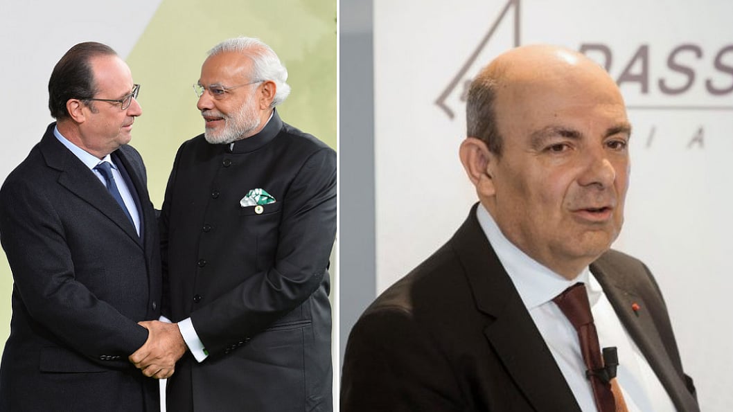 Prime Minister Narendra Modi with former French President Francois Hollande and Dassault Aviation’s Chairman Eric Trappier. 