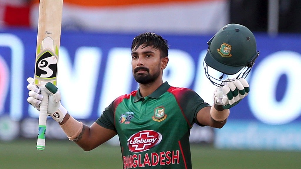 Liton Das after his century against India in the Asia Cup final in Dubai on Friday. 