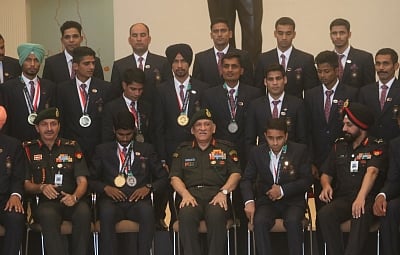 Army chief General Bipin Rawat with army personnel who won medals in recently concluded 2018 Asian Games in New Delhi on Sept 5, 2018. (Photo: IANS)