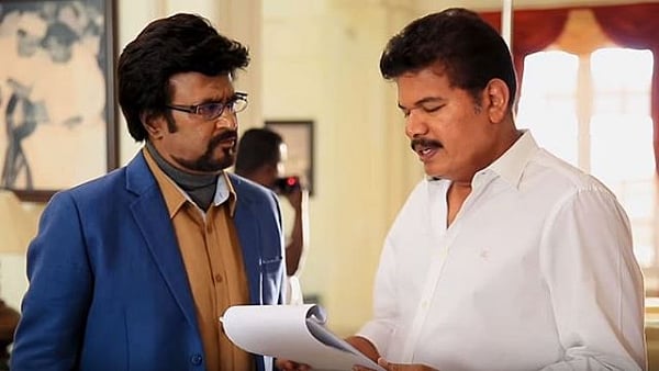 Rajinikanth and Shankar on the sets of <i>2.0</i>.