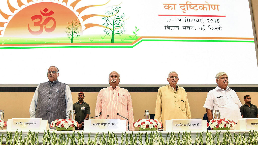 RSS chief Mohan Bhagwat with other leaders in New Delhi.