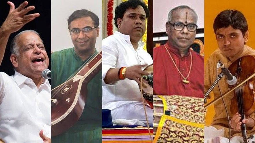 (From left to right) OS Thiyagarajan, N Ravikiran, Mannargudi Eswaran, Srimushnam Raja Rao, and Nagai Sriram.