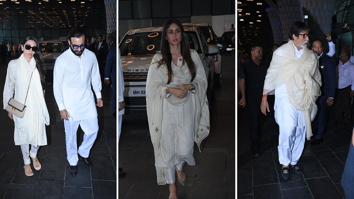 Karisma Kapoor, Saif Ali Khan, Kareena Kapoor and Amitabh Bachchan at the prayer meet.&nbsp;