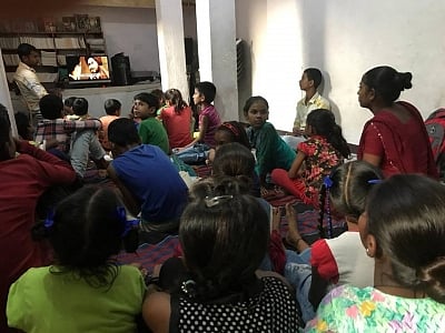 A movie screening in the library.