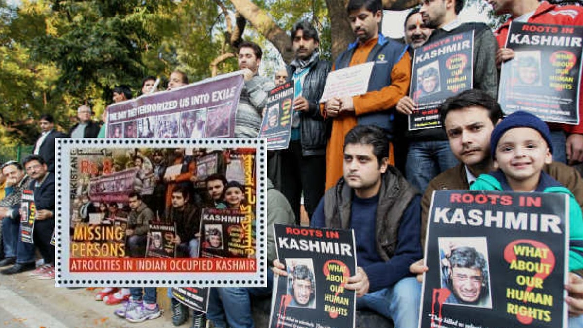The picture in the stamp is from a protest organised by a Kashmiri Pandit group called ‘Roots in Kashmir’.
