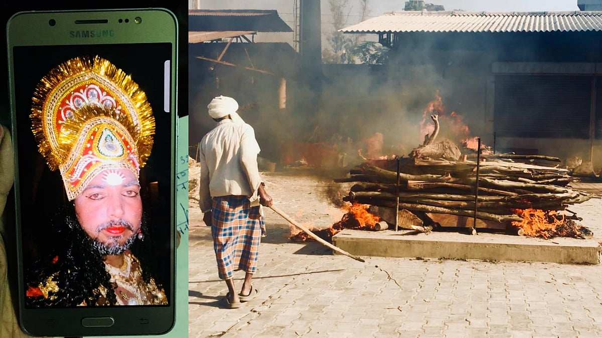 The cremation pyre of the Ravana actor burns in the Shaheeda Sahib in Amritsar.