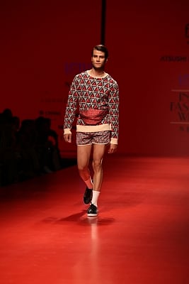 New Delhi: A model showcase creations of designer Atsushi Nakashima during Lotus Make-Up India Fashion Week Spring Summer 2019  in New Delhi on Oct 12, 2018.(Photo: Amlan Paliwal/IANS)