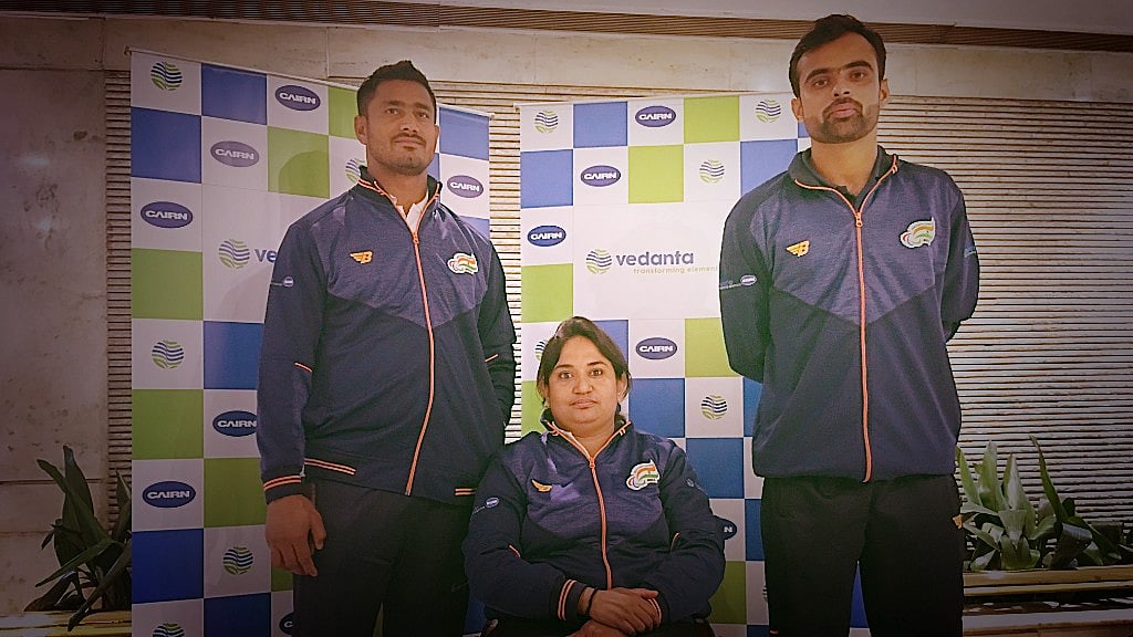 Sundar Gurjar (left), Shatabdi Avasthi (centre) and Sandeep Mann (right) at an event in New Delhi on 26 September 2018.