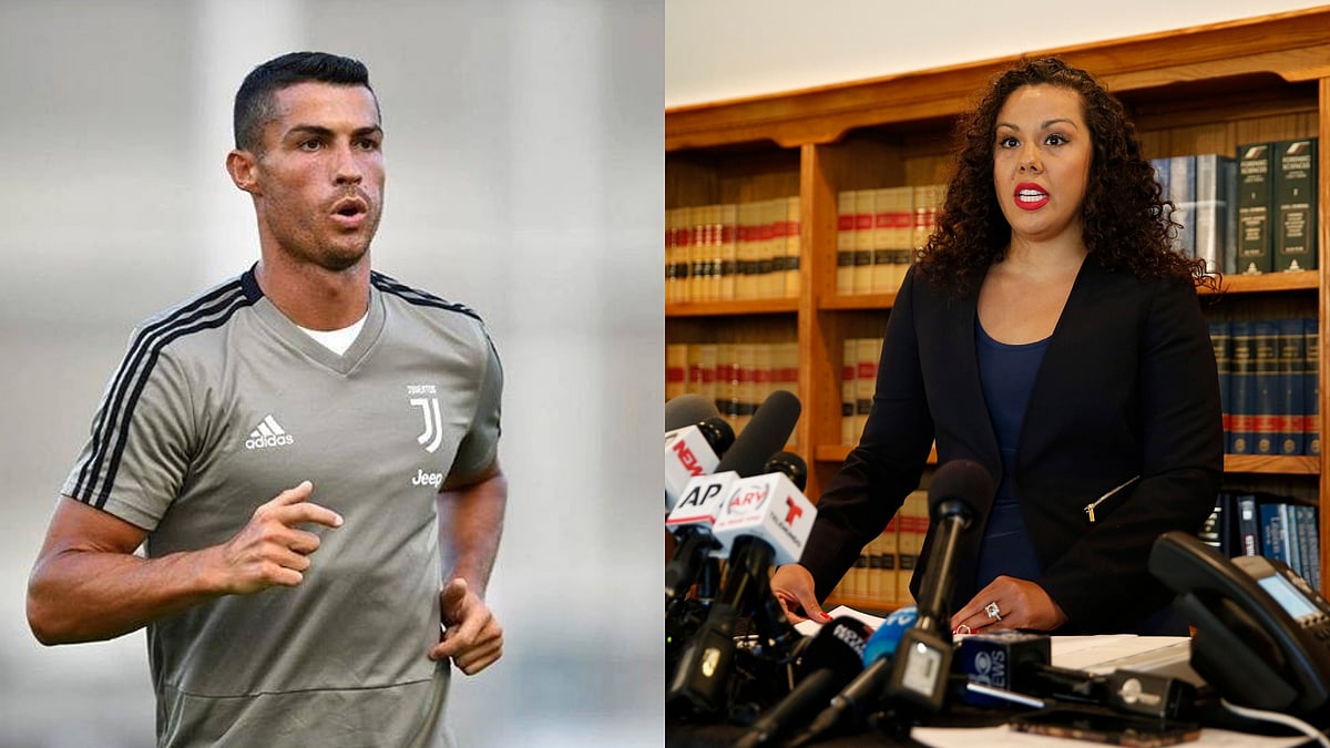 Attorney Larissa Drohobyczer (right) speaks during a news conference about rape allegations against soccer star Cristiano Ronaldo (left).&nbsp;