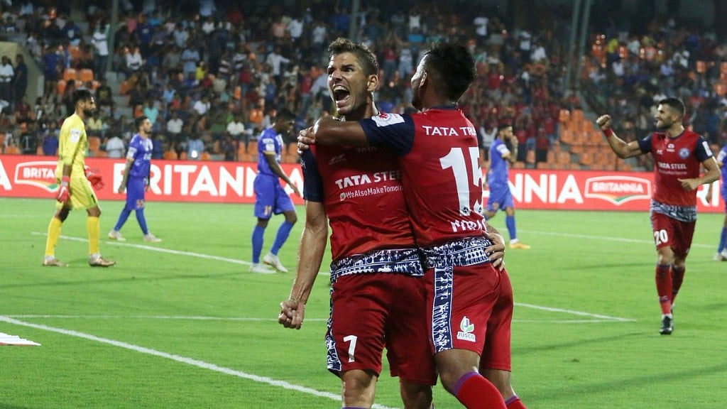 Jamshedpur FC’s Pablo Morgado’s celebrating with Mobashir Rahman after scoring the second goal. 