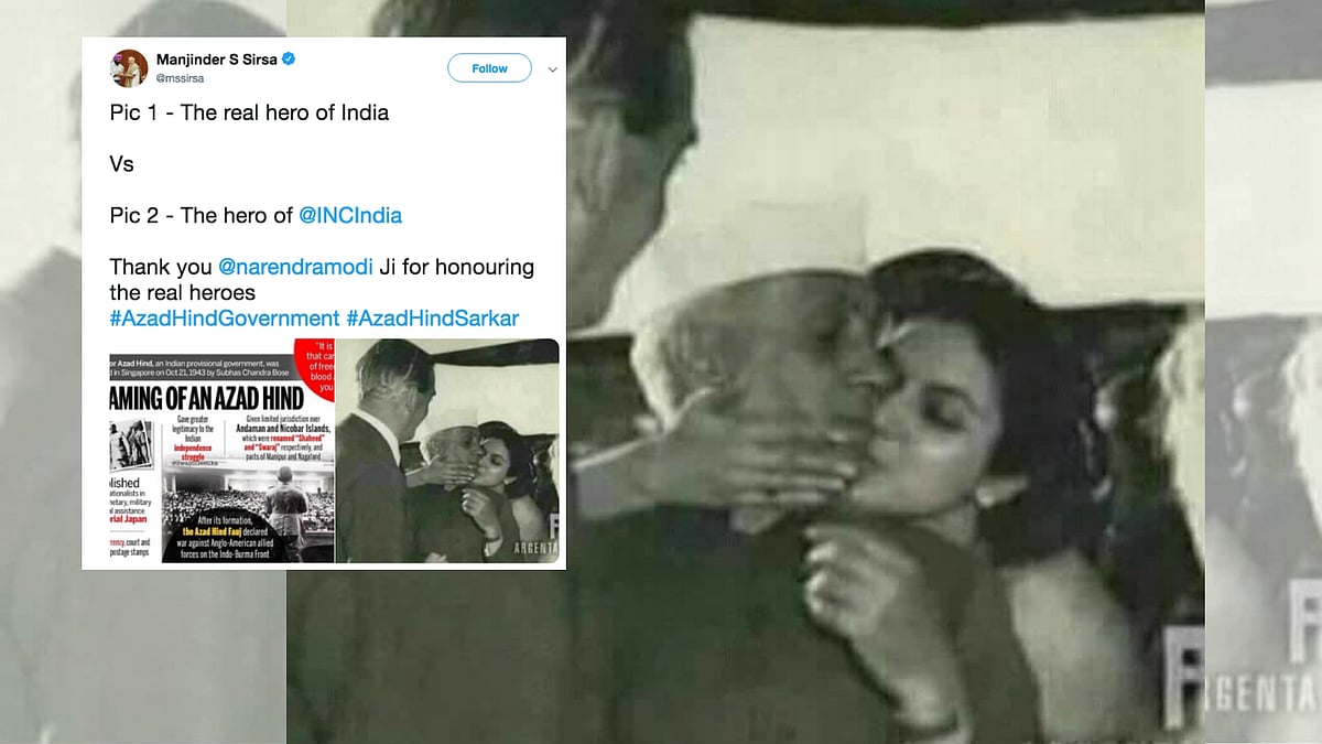 In the picture tweeted by Sirsa, Nehru is being given a kiss by his niece Nayantara Sehgal on his arrival at London airport in 1955.