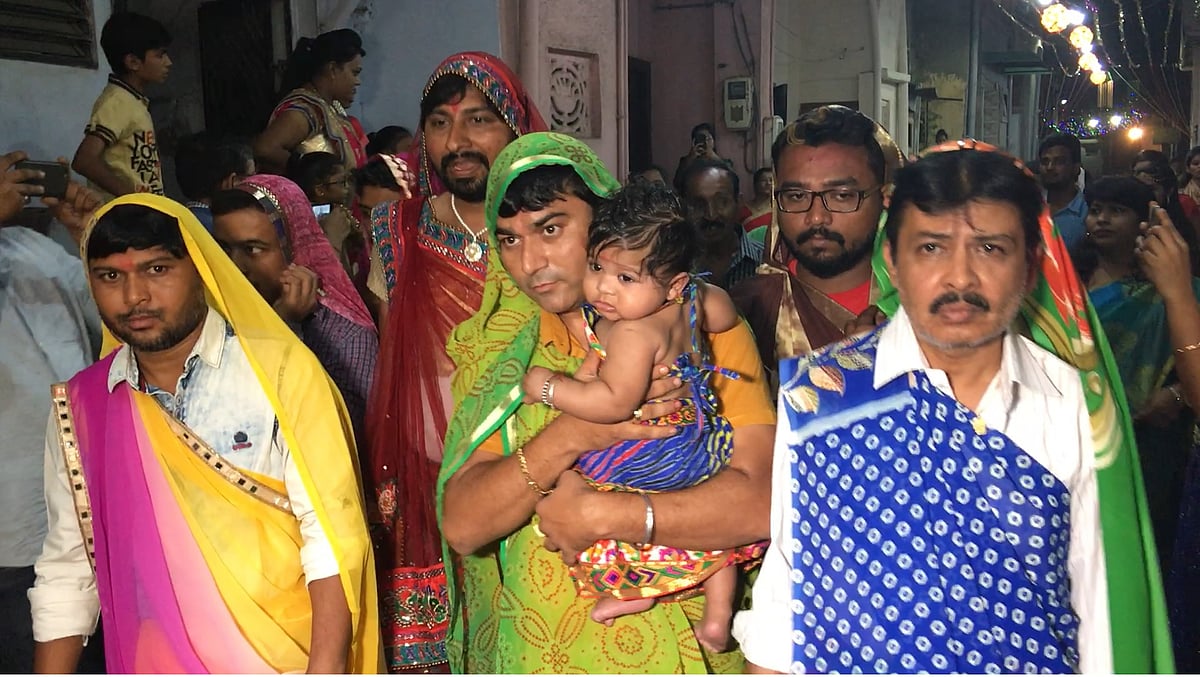  At Sadu Mata Ni Pol, Ahmedabad, the residents maintain a200-year-old tradition, where they dress up as women and do garba for their local deity Sadu Mata, on Ashthami or Atham, to ward off her curse.