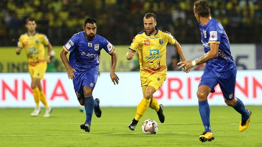 A still from the match between Kerala Blasters andMumbai City FC at the JLN International stadium.