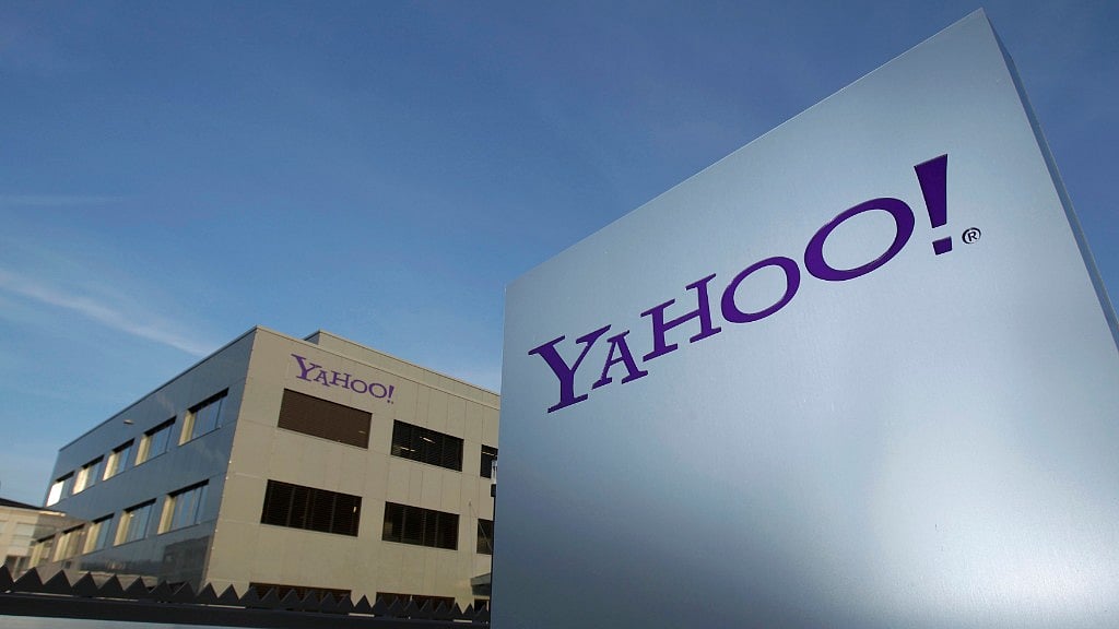 A Yahoo logo is pictured in front of a building in Rolle, east of Geneva. 