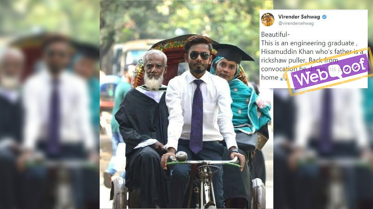 The photo shared on social media claims that the man in the picture is son of a rickshaw puller. 
