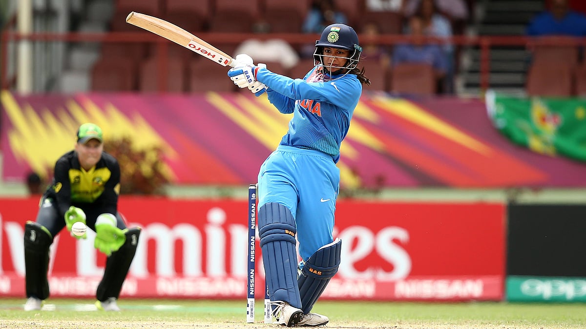 Smriti Mandhana plays a shot on the leg side in the ICC Women’s World T20 match against Australia.