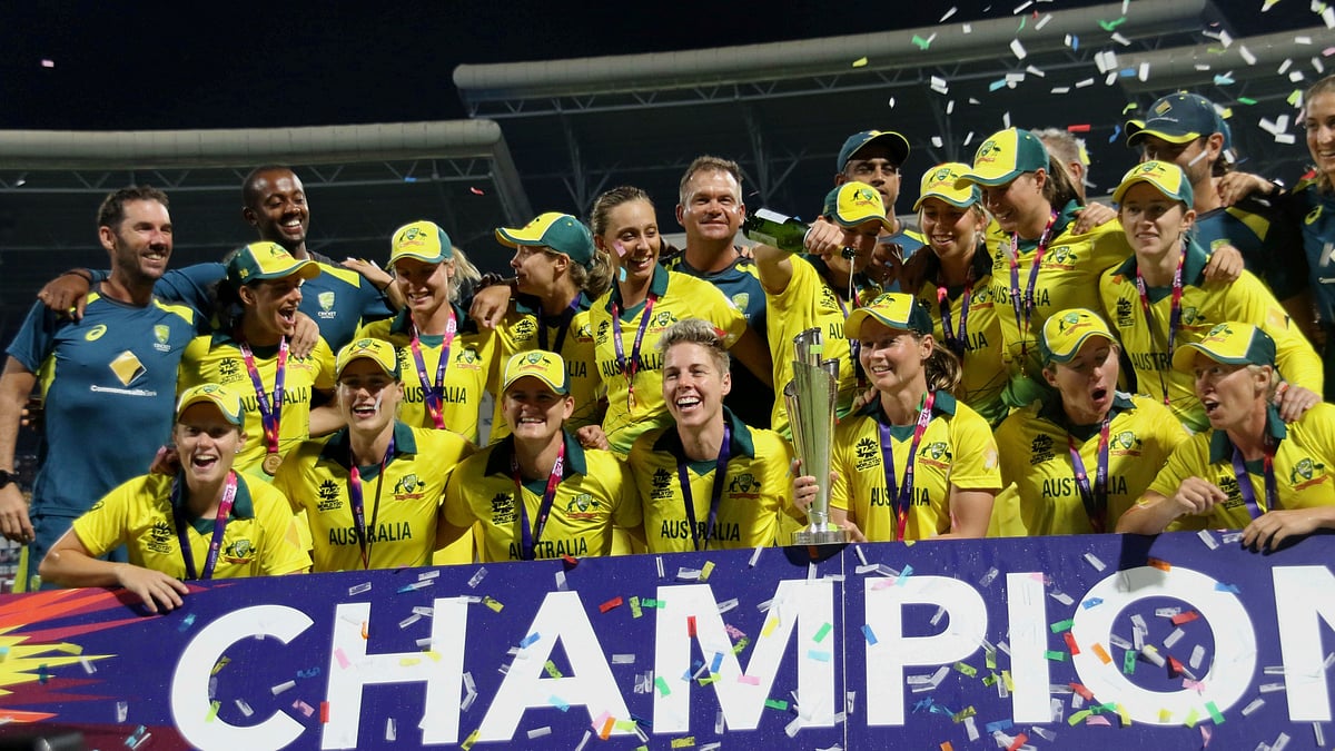 The Australian women’s cricket team poses for a photo after winning the final of the Women’s World Twenty20 against England.