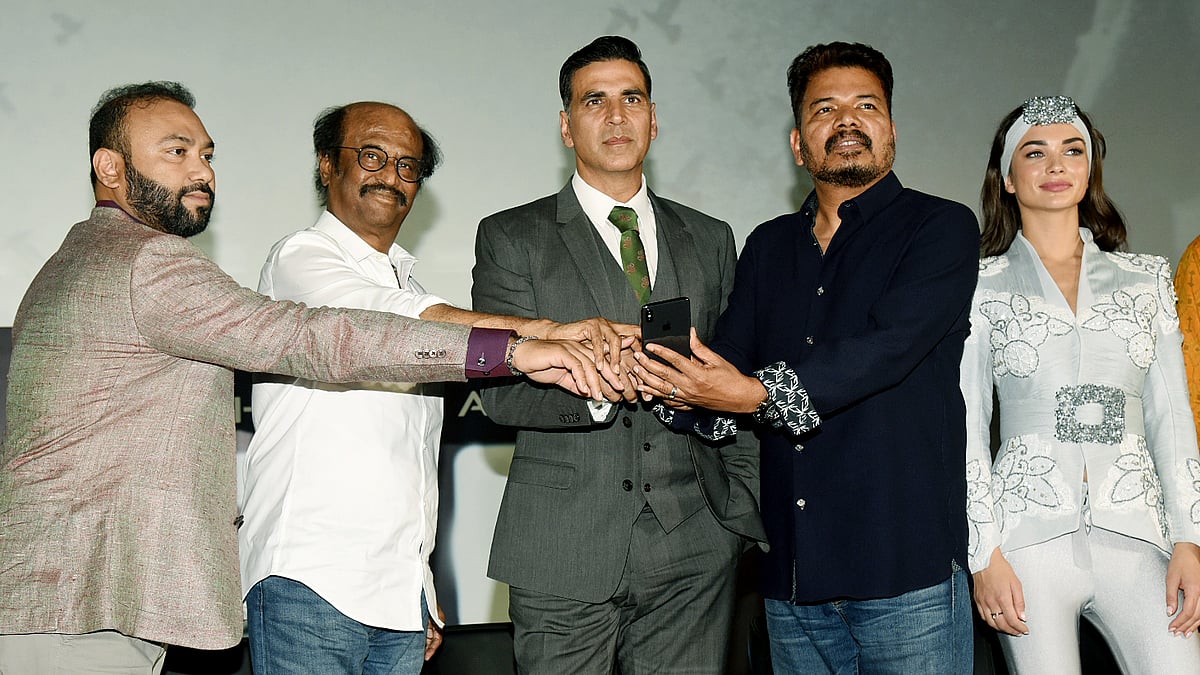 Rajinikanth and Akshay Kumar along with filmmaker Shankar and Amy Jackson at the trailer launch of <i>2.0</i>.