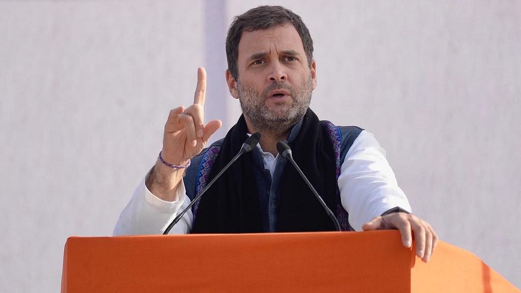 Photo of Rahul Gandhi while addressing his first election rally at Champhai in Mizoram.