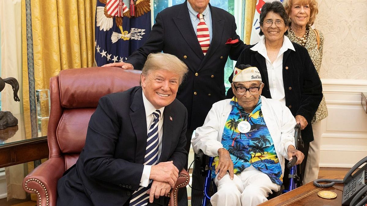 US president Donald Trump with oldest Pearl Harbour attack survivor, Ray Chavez.