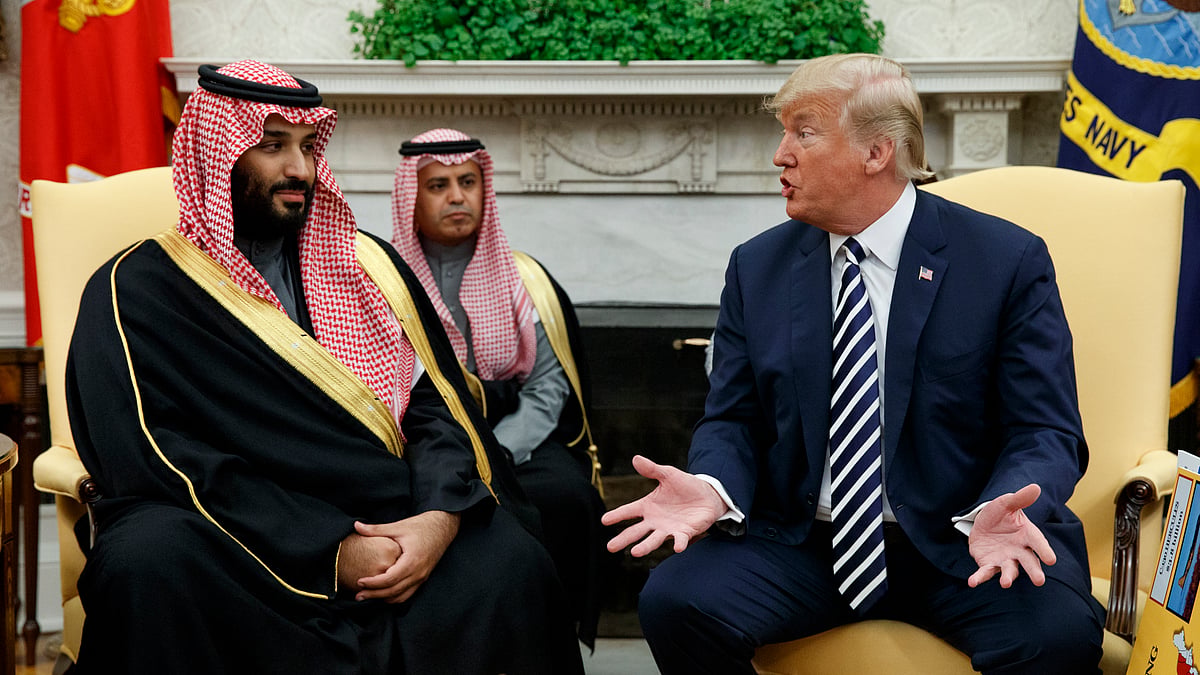  US President Donald Trump (right) with Saudi Crown Prince Mohammed bin Salman in the Oval Office of the White House in Washington.&nbsp;