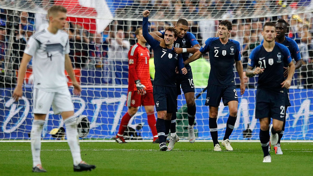 WC winners France celebrate during their 2-1 win over Germany in the UEFA Nations League