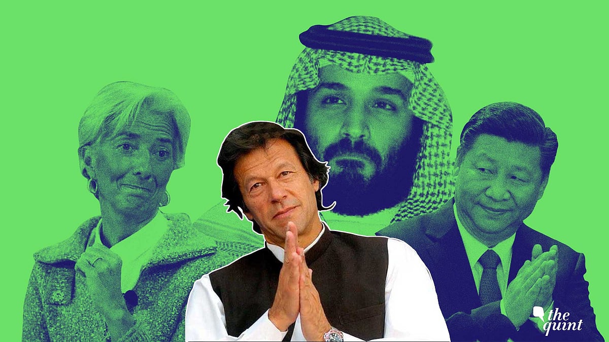 (L to R) IMF chief Christine Lagarde, Saudi Arabian Crown Prince Muhammad Bin Salman, and Chinese President Xi Jinping around a plaintive Pakistan PM Imran Khan.