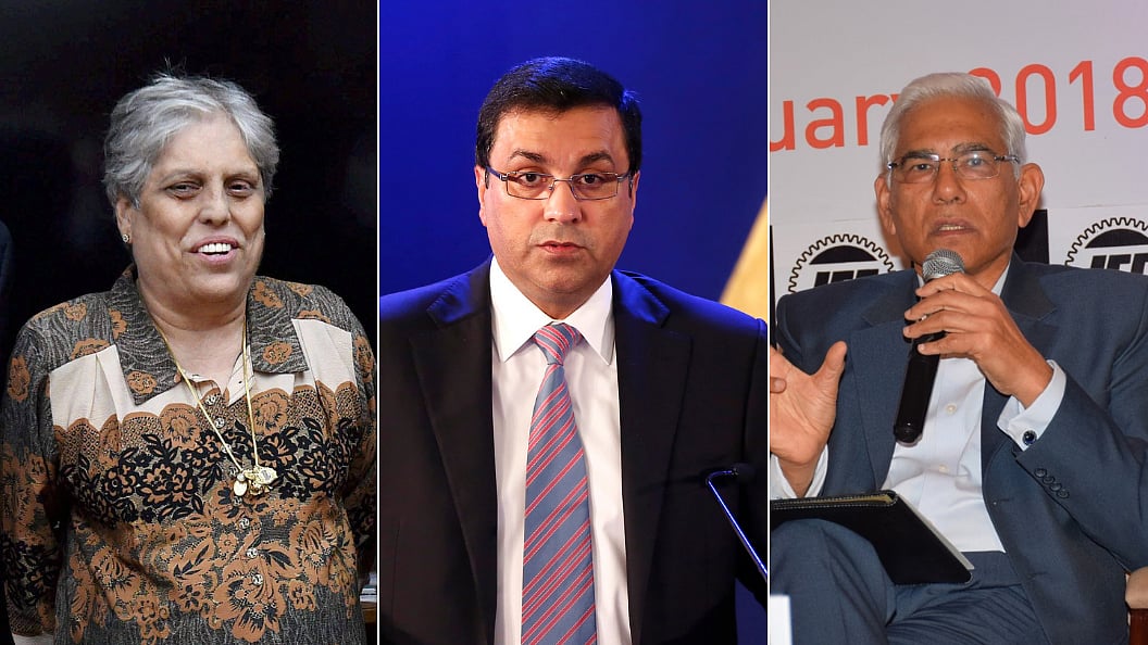 File pictures of CoA member Diana Edulji (L) and Committee Chief Vinod Rai (R) and Rahul Johri (C) 