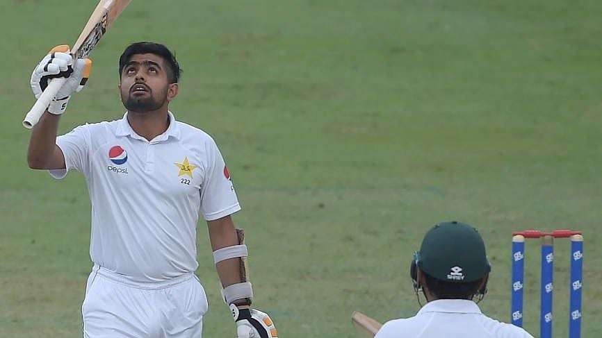 Pakistan’s Babar Azam after reaching his century against New Zealand in the second Test in Dubai.