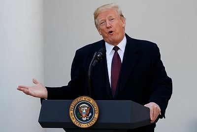 WASHINGTON, Nov. 20, 2018 (Xinhua) -- U.S. President Donald Trump speaks during the National Thanksgiving Turkey Pardoning Ceremony at the Rose Garden of the White House in Washington D.C., the United States, on Nov. 20, 2018. (Xinhua/Ting Shen/IANS)