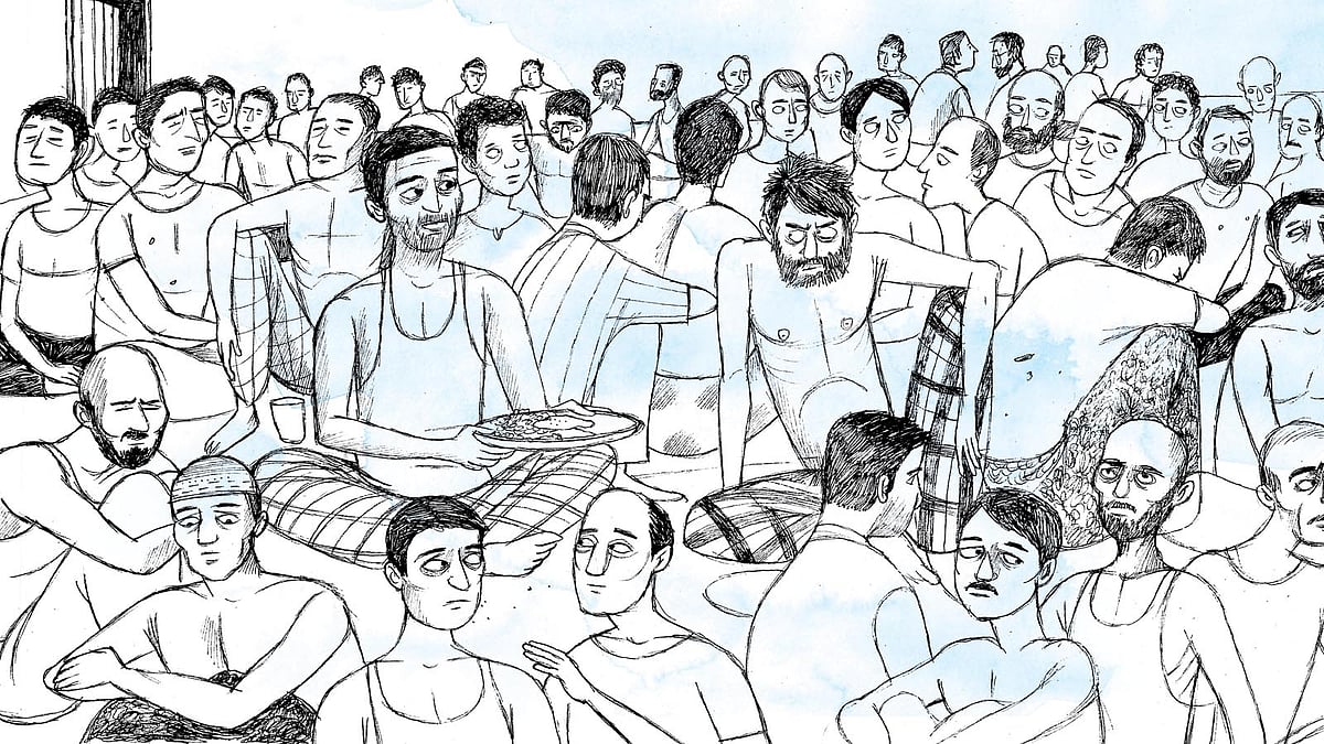 Caricature of a crowded detention centre.&nbsp;