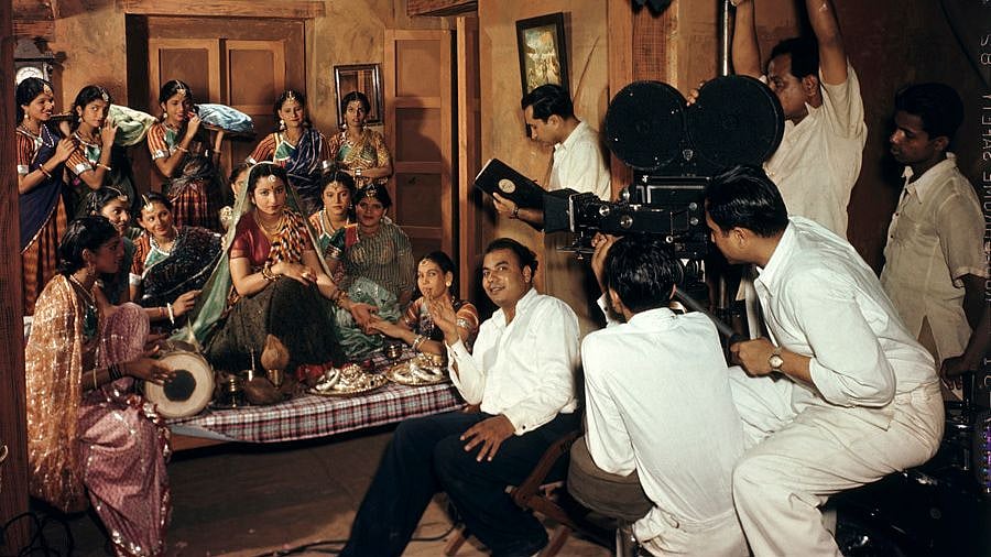 An Indian movie crew filming a wedding scene at “Famous Studios” in Bombay, March 1948