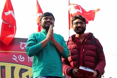 Kolkata: Former JNU Students Union leader Kanhaiya Kumar and Gujarat Dalit leader Jignesh Mevani during a rally organised to mark the 94th foundation day of the party in Kolkata, on Dec 26, 2018. (Photo: Kuntal Chakrabarty/IANS)