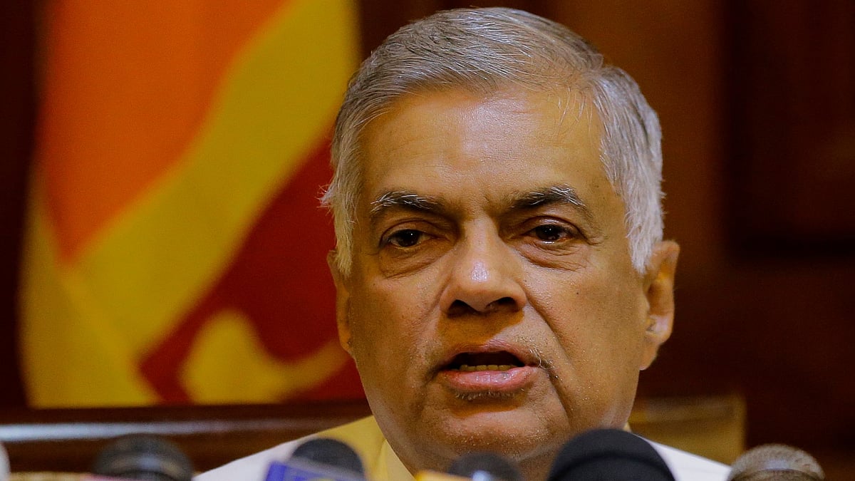 Ousted Sri Lankan Prime Minister Ranil Wickremesinghe speaks during a media briefing in Colombo, Sri Lanka.