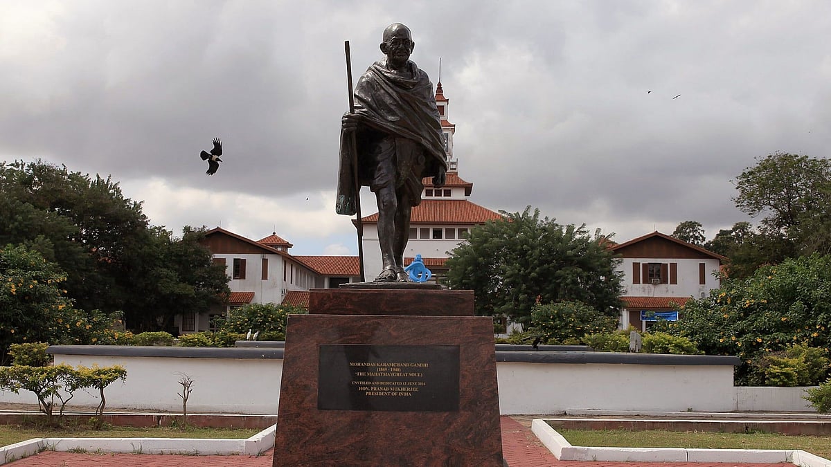 A statue of Indian independence leader Mahatma Gandhi in Accra, Ghana. The statue at the university was removed in the middle of the night, leaving a bare plinth.