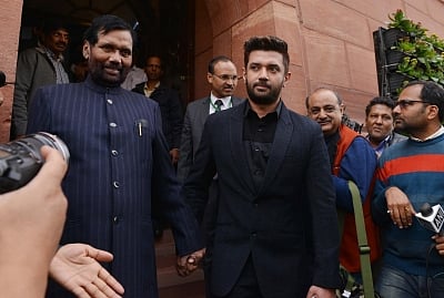 Union Minister and Lok Janshakti Party (LJP) MP Ram Vilas Paswan with his son and party MP Chirag Paswan. (Photo: IANS)