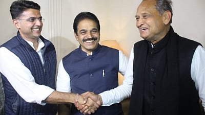 Jaipur: Congress leaders Ashok Gehlot and Sachin Pilot ahead of a press conference in Jaipur on Dec 11, 2018. (Photo: IANS)