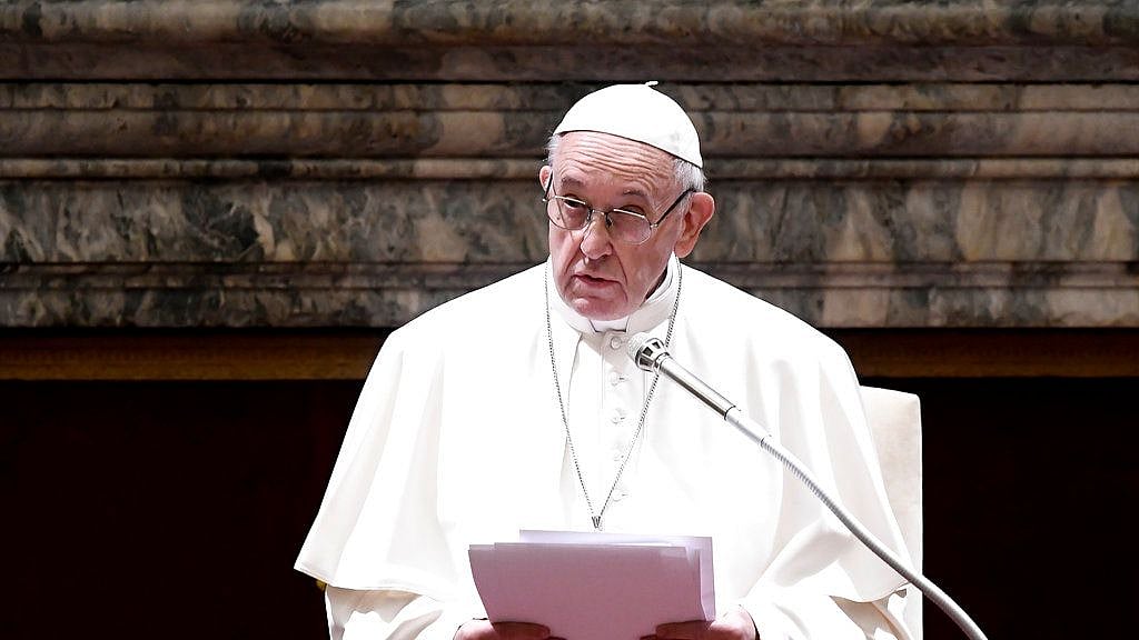 Pope Francis delivers his speech during the traditional greetings to the Roman Curia, at the Vatican.