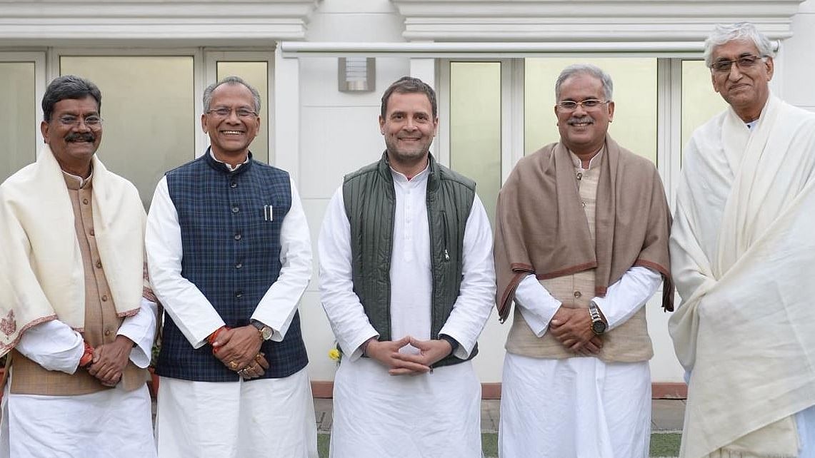 Chhattisgarh Chief Minister Bhupesh Bhgael (second from right) and State minister TS Singh Deo (extreme right), with Congress President Rahul Gandhi (Center).