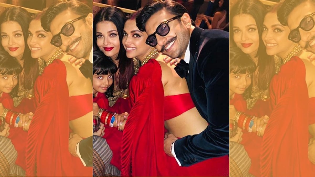 Deepika Padukone, Ranveer Singh, Aishwarya Rai Bachchan pose for a selfie.