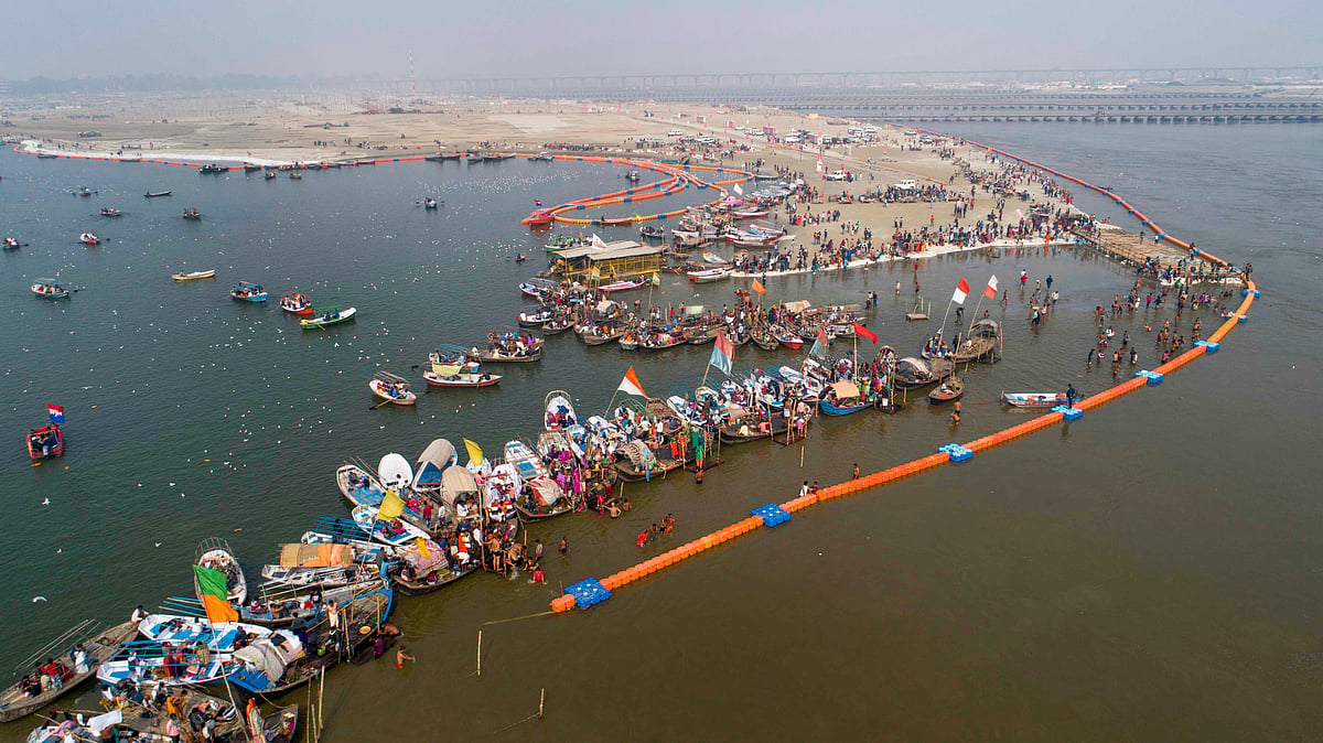 An aerial view of the Sangam area ahead of the Kumbh Mela 2019, in Prayagraj on 20 December 2018. 
