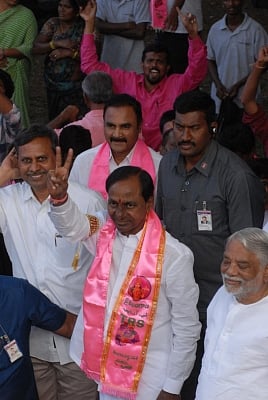 Hyderabad: Telangana caretaker Chief Minister and Telangana Rashtra Samithi president (TRS) K. Chandrashekar Rao shows victory sign after the party swept Telangana Assembly elections, in Hyderabad on Dec 11, 2018. (Photo: IANS)