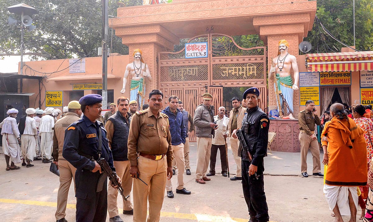 <div class="paragraphs"><p>Security personnel stand guard near Krishna Janmabhoomi Temple, which is adjacent to Shahi Idgah, on the 26th anniversary of Babri mosque demolition, in Mathura, Thursday, Dec. 6, 2018. </p></div>
