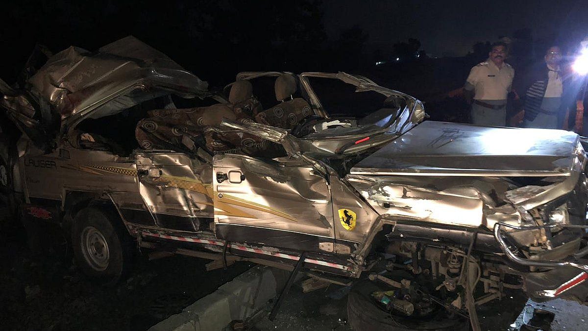Visual of the passenger vehicle crushed in the collision on Kalamb road, Yavatmal. 