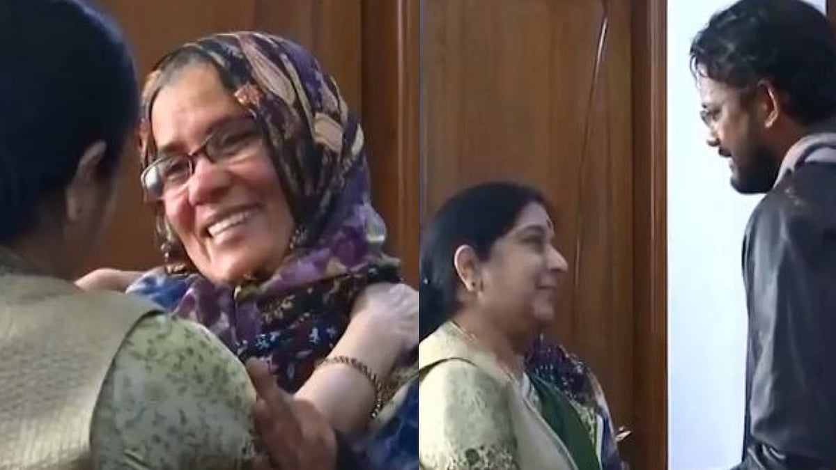 File photos of Hamid Ansari and his mother Fauzia meeting Sushma Swaraj 