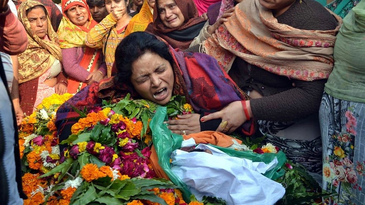 Last rites of Police Inspector Subodh Kumar Singh, the investigating officer in Mohammad Akhlaq lynching case who was shot at, hit and killed by a mob in Bulandshahr district of western Uttar Pradesh.