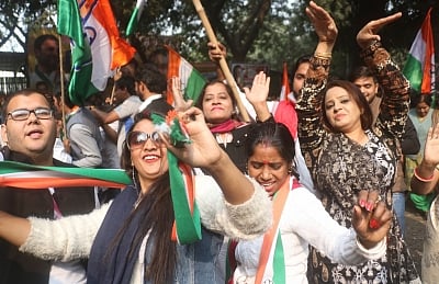 New Delhi: Celebrations underway at Congress headquarters as the party appeared to be on the road to victory in BJP-ruled Chhattisgarh and possibly Rajasthan and was locked in a close fight in Madhya Pradesh in New Delhi on Dec 11, 2018. (Photo: IANS)